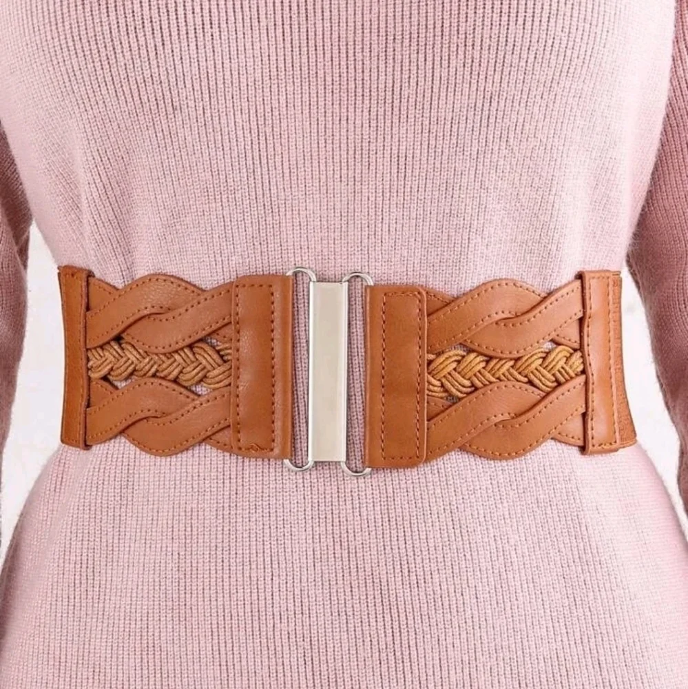Brown Faux Leather Elastic Braided Wide Waist Belt Boho Cottagecore statement